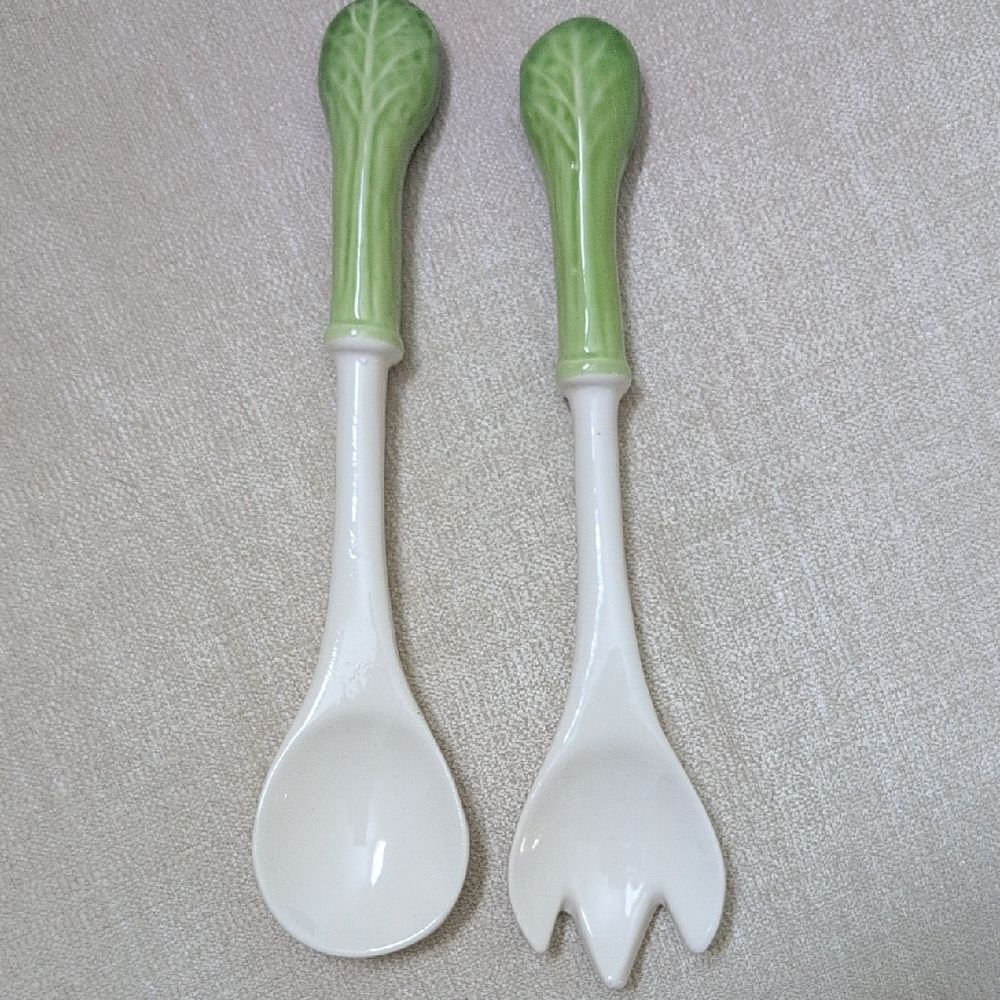 Green and White Ceramic Cabbage Handle Salad Servers